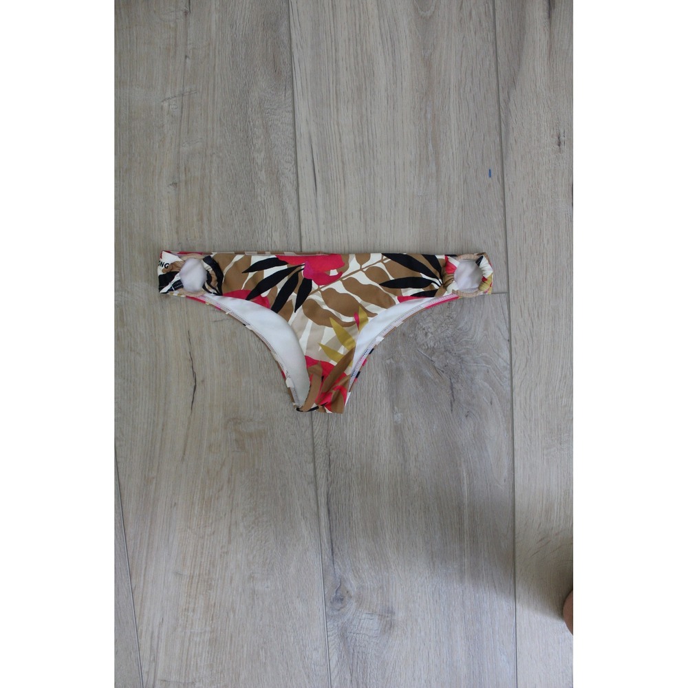 Billabong Tropical Floral Bikini Bottoms Pink Tan Wood Ring Accentsโ Low Rise